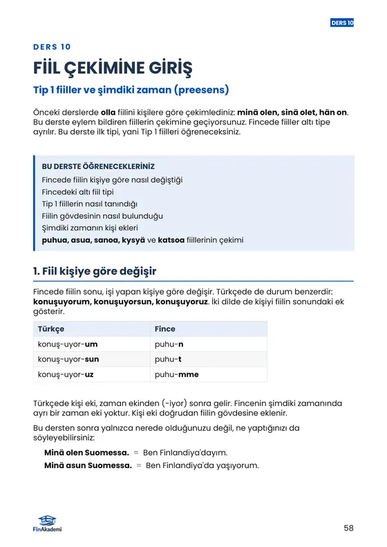 Kitaptan örnek sayfa: Ders 10: Fiil çekimine giriş
